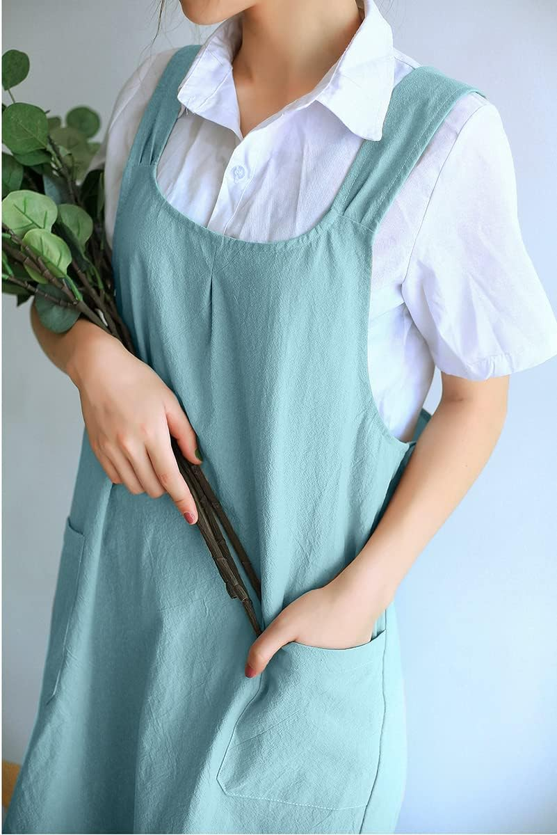 Soft Cotton Linen Apron Cross Back X-Shaped Japanese Style Pinafore Dress for Cooking, Housewarming, Daily Chores - Khaki image number 2