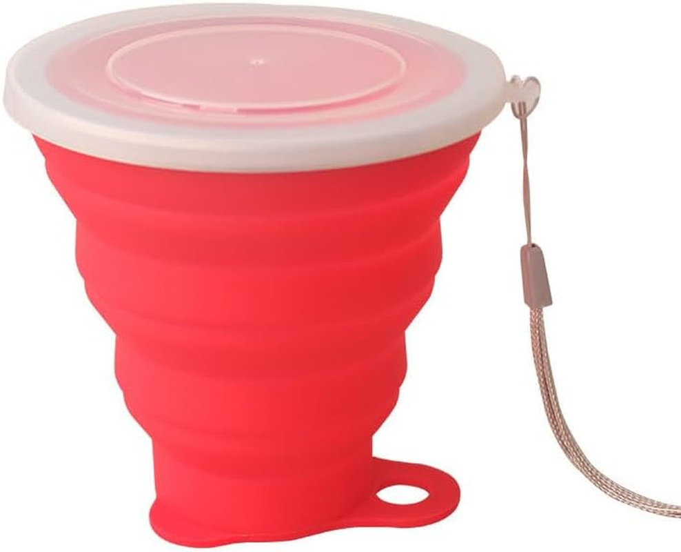 1PCS Collapsible Silicone Cup with Lid, Expandable Drinking Cup Set, Reusable Mug for Camping, Hiking, Travel (Red)