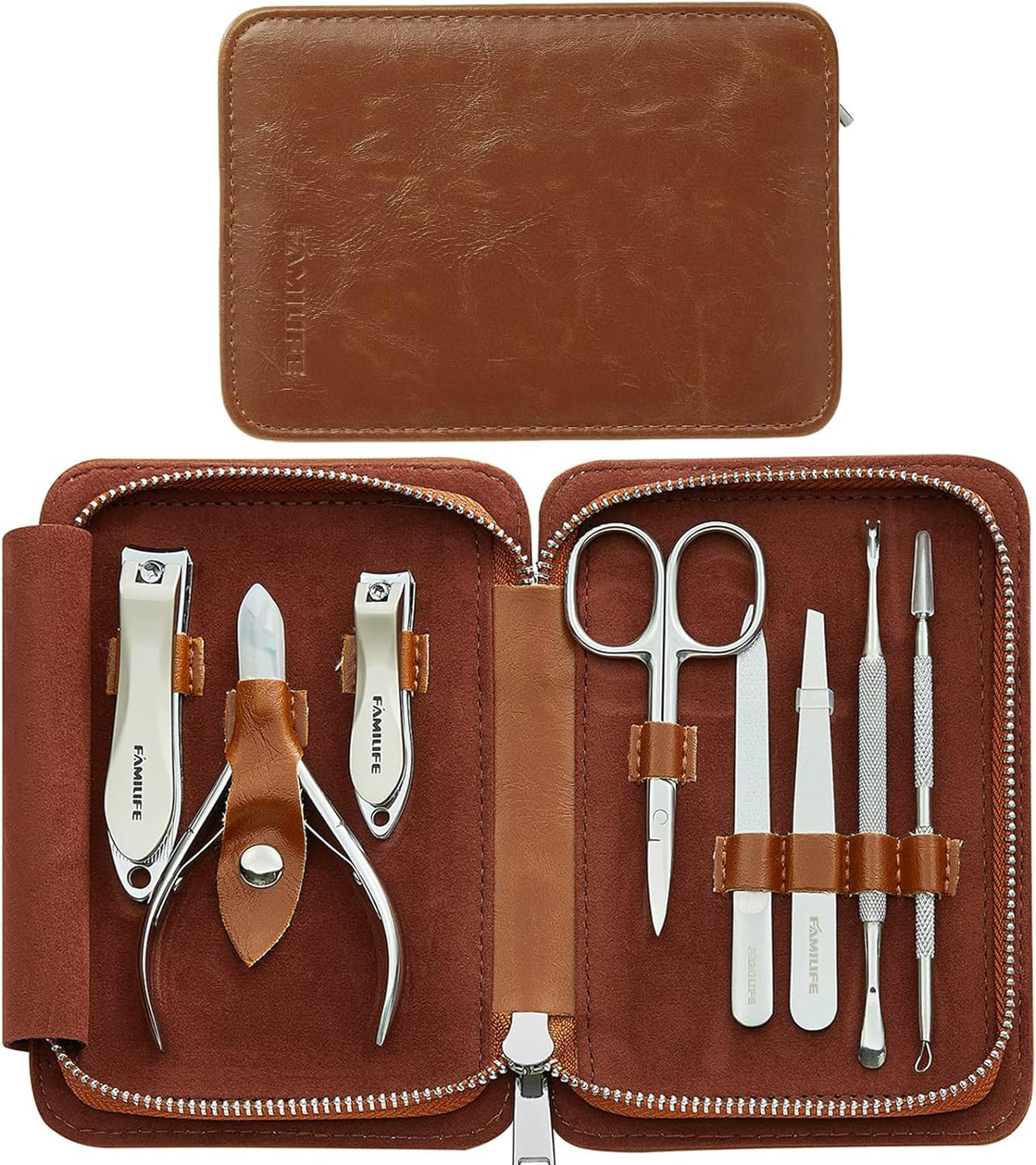 Manicure Set, FAMILIFE Professional Manicure Kit Nail Clippers Set 11 in 1 Stainless Steel Pedicure Tools Kit Grooming Kit with Portable Brown Leather Travel Case for Men (Gold)