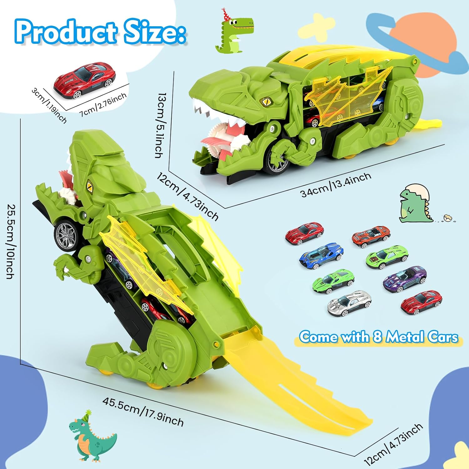 Dinosaur Truck Toy for Kids, Transforms into Triceratops with Race Track Set, City Dinosaur Transporter with 8 Toy Vehicle for Kids Boys over 3 Years Old image number 4