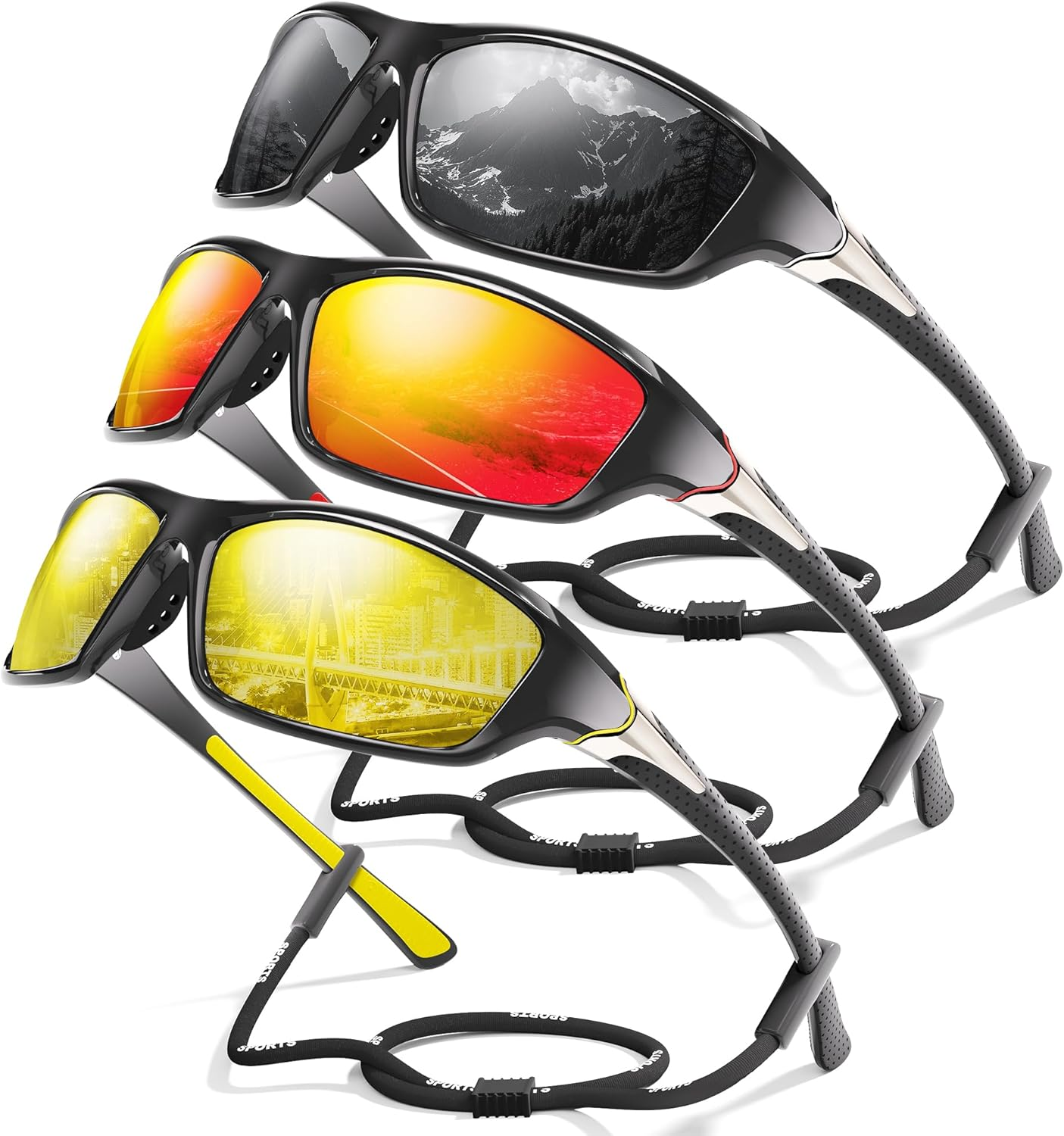 3 Pack Polarized Sports Sunglasses for Men, Mens Sunglasses Wrap around UV Protection for Cycling Fishing Driving - B03-Grey/Dark Blue/Yellow image number 6