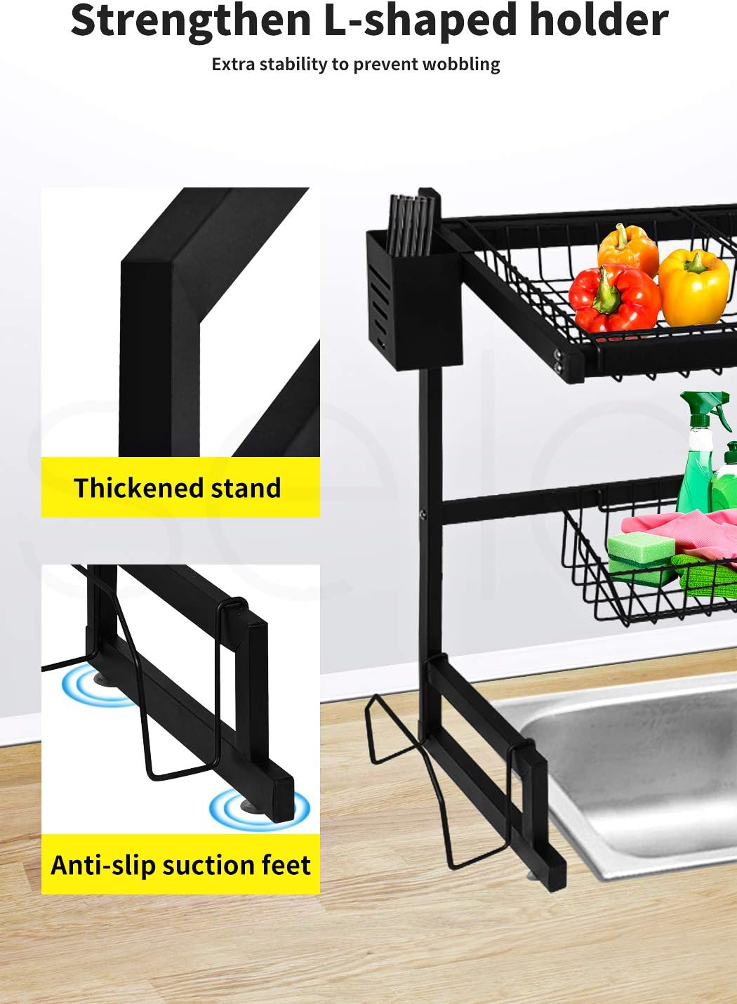 TOQUE over Sink Dish Drying Rack 2 Tier 65Cm Length Double Sink,Stainless Steel Kitchen Drainer Cutlery Utensil Plate Organizer Black,Freestanding Large Storage Multiple Baskets Board for Countertop image number 6