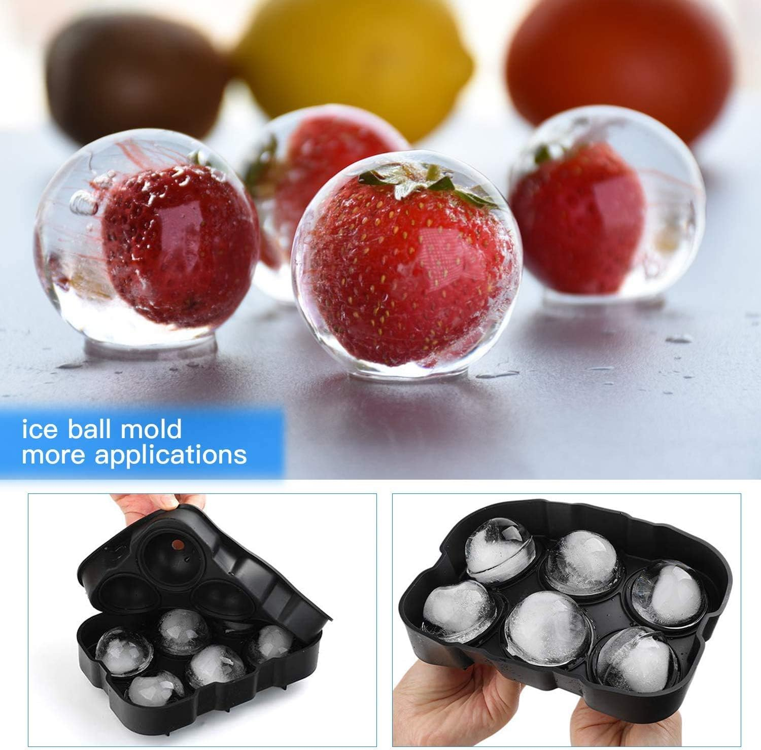 Ice Cube Trays (Set of 2), Reusable & BPA Free Silicone Sphere 6 Giant Ice Ball Cube Maker Use for Kids with Candy Pudding Jelly Milk Juice Chocolate Mold or Cocktails Whiskey Particles,Black image number 1