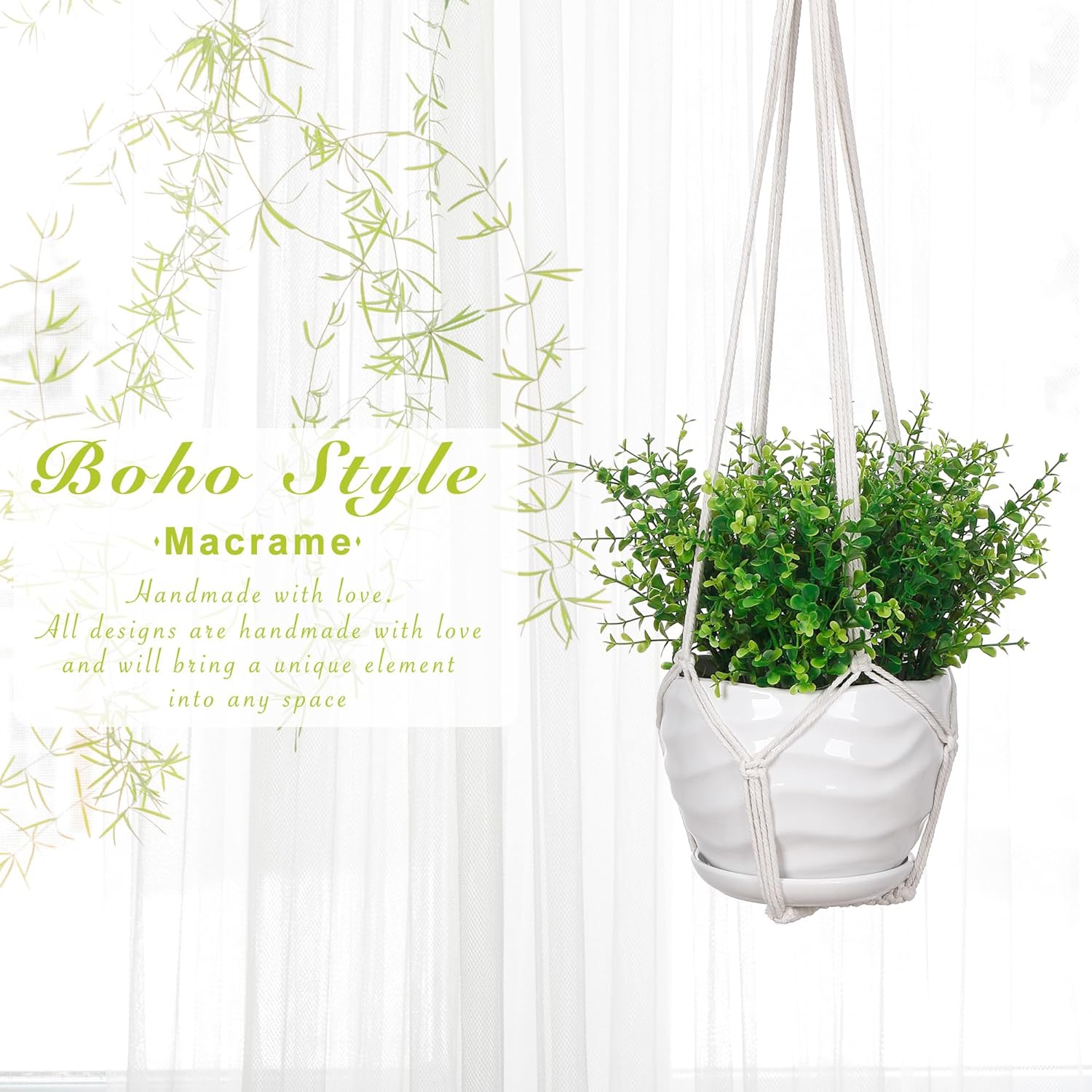 YIBOT 3 Pack Macrame Plant Hanger Indoor Hanging Planter Basket with 3 Hooks, 35"/29"/23" Crochet Plant Holder Stand No Tassels for Indoor Outdoor Boho Home Decor, Ivory (POTS NOT Included) - Black image number 2