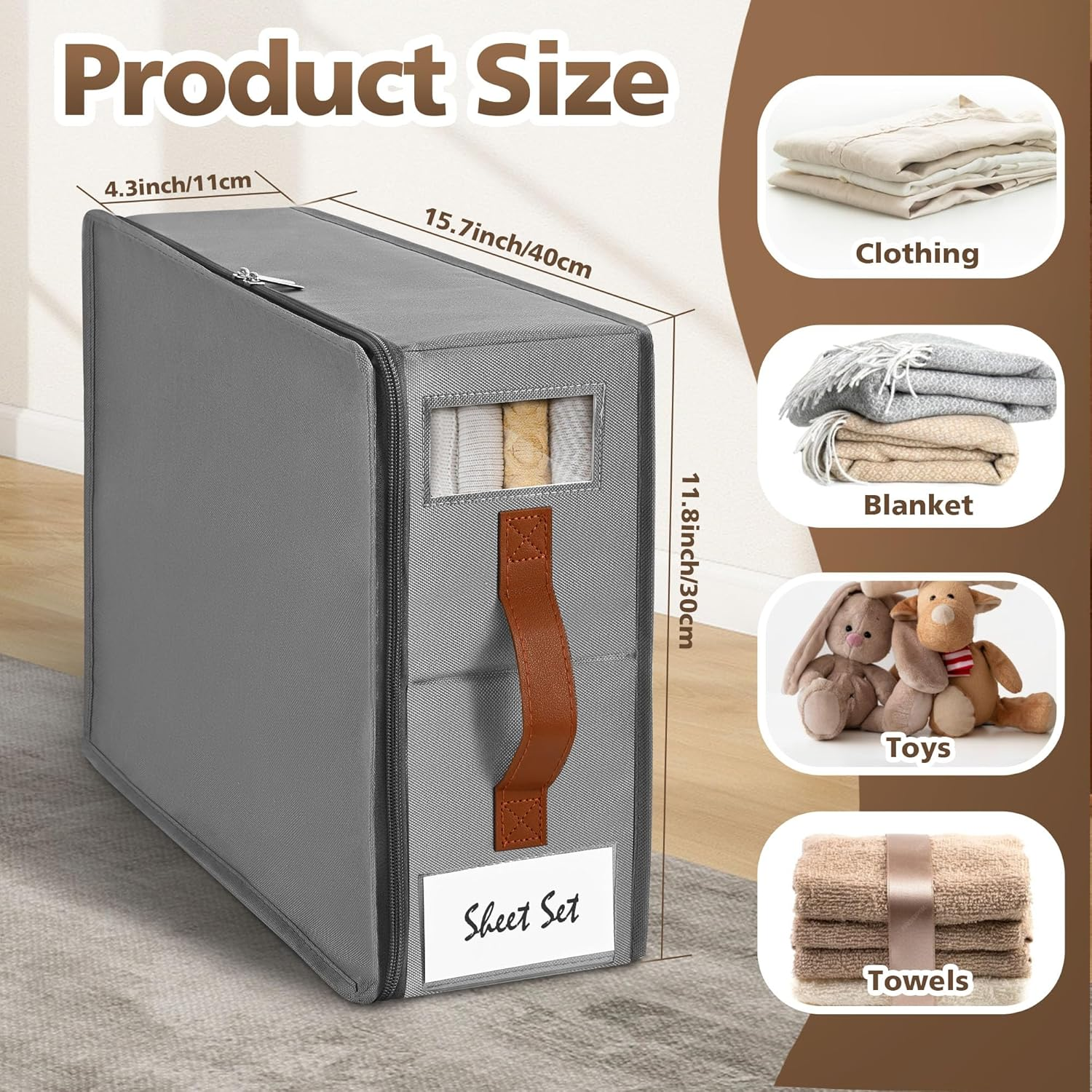 Kithero 4Pack Bed Sheet Organizer, Foldable Linen Closet Organizers and Storage with Sealed Design, Queen & King Size Sheet Storage with Window, Closet Organizer for Bedsheets/Blankets/Clothes, Grey image number 5