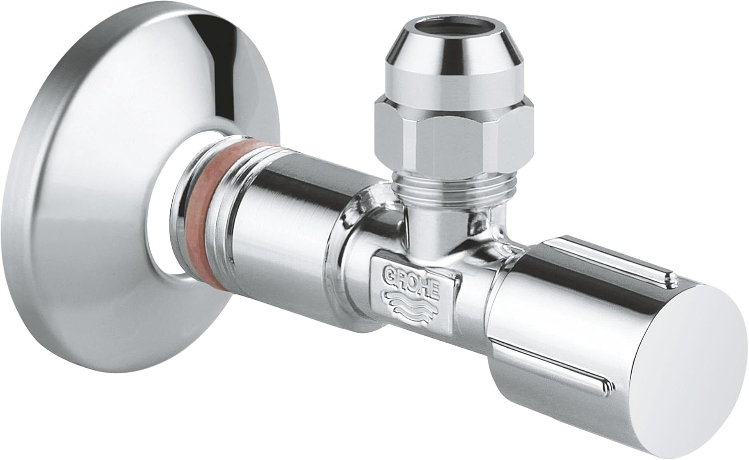 GROHE Angle Valve (With Self-Sealing Connection Thread, Wall Connection 1/2 Inch with Push Rosette, Outlet 3/8 Inch), Chrome, 22039000 image number 3