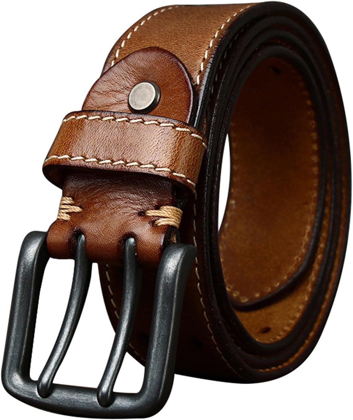 Double Prong Buckle Full Grain Real Cow Leather Belt - Stitched, Work/Casual Grommet Holes, 38Mm for Men Women