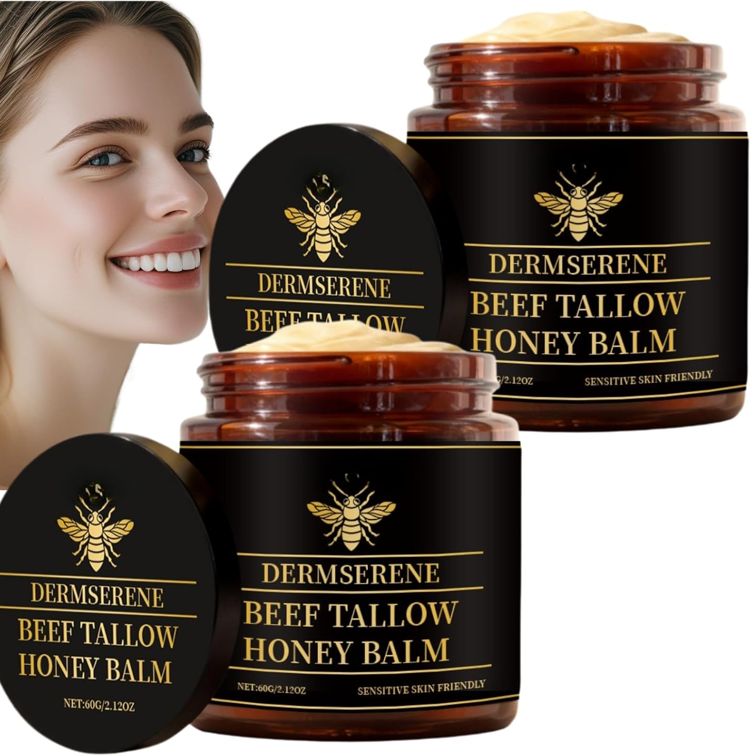 Beef Tallow Honey Balm for Dry Sensitive Skin, Natural Moisturizing Tallow Balm, Deep Nourishing Repair Balm for Face and Body, Soothing Cream for Cracked Hands Elbows Knees, Hydrating Skin (1Pcs)