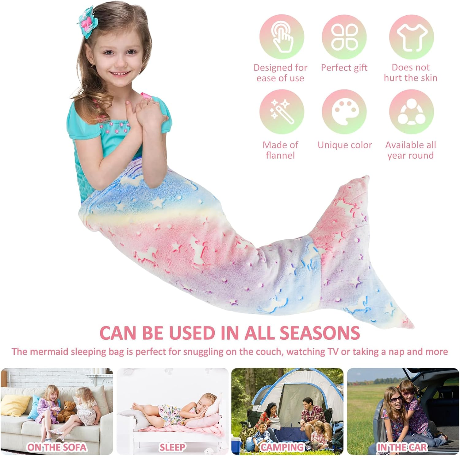 Kids Mermaid Tail Blanket Flannel Colorful Snuggle Blanket Super Soft Tie Dye Toys with Double Stitching Mermaid Blanket Gifts for Girls 3 to 6 Years (02) image number 2
