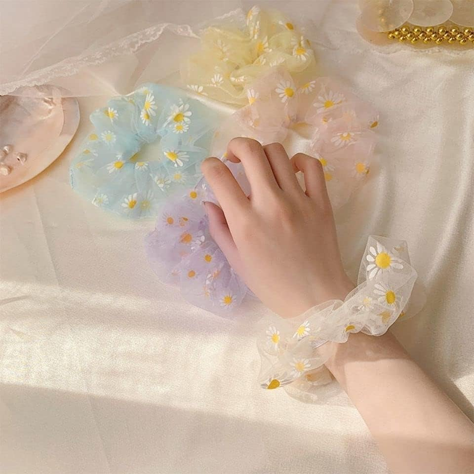 JIHUOO Pack of 8 Daisy Organza Hair Bobbles Flower Hair Scrunchies Elastic Hair Bobbles Hair Bands Hair Accessories for Girls Women image number 5