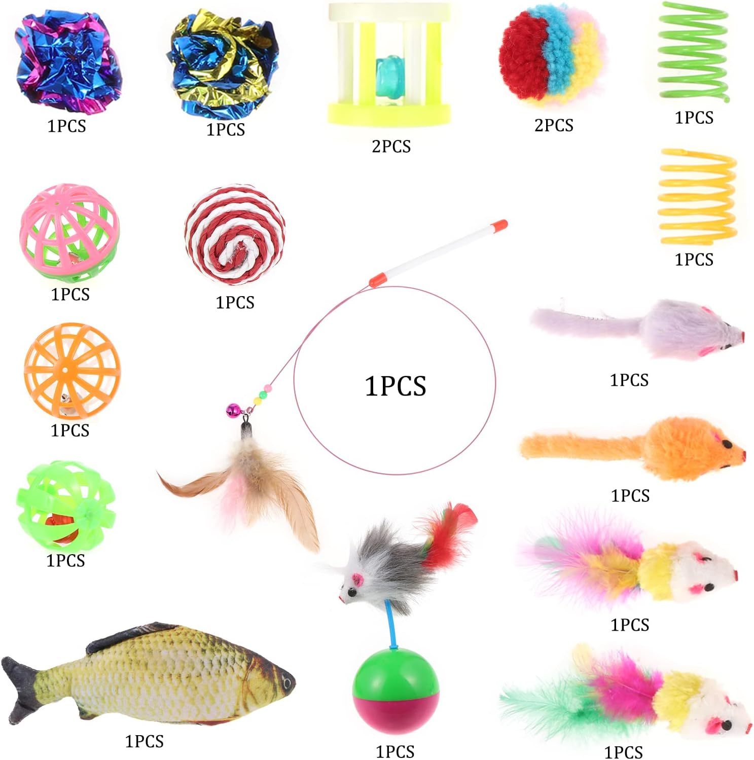Coolty Pack of 20 Cat Toys with Cat Tunnel Jingle Bell Balls Catnip Fish Cat Toy Mice Feather Toy Plush Toy Interactive Cat Toy for Cats Kittens image number 2
