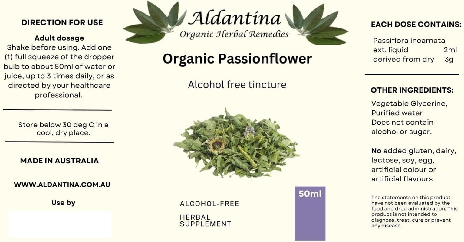 Organic Passionflower (Passiflora Incarnata) Tincture, Australian Made, Alcohol-Free Liquid Extract, (50Ml)