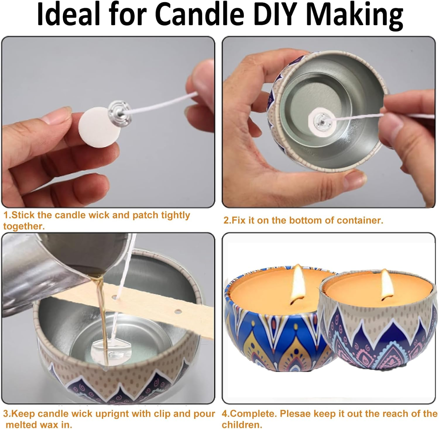 Shgarden 112Pcs Candle Making Kit 12Pcs 2.2Oz Empty Candle Jars with 100Pcs Candle Making Parts Metal Candle Tins Vintage Metal Containers with Lids Wick Holders for DIY and Storage SH0084 (Set B) image number 3