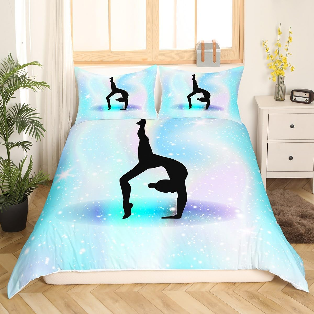 Homewish Gymnastics Duvet Cover 135 X 200 Cm Children, Gymnastics Lovers Bedding Set for Girls Teenagers, Space Stars Glitter Duvet Cover Set with Starry Sky Rainbow Decor 3D Pattern Teal - Purple, Blue, Yellow, Pink image number 5