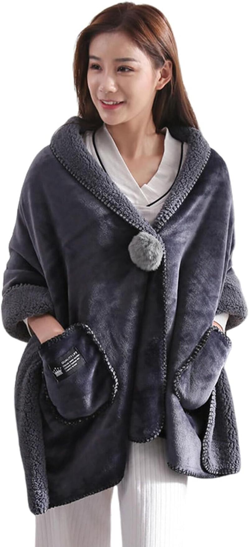 IOIUSKKU Stay Warm in Style with Soft Fleece Button Bed Jacket Versatile Polyester Soft Fleece Button Bed Jacket with Pockets