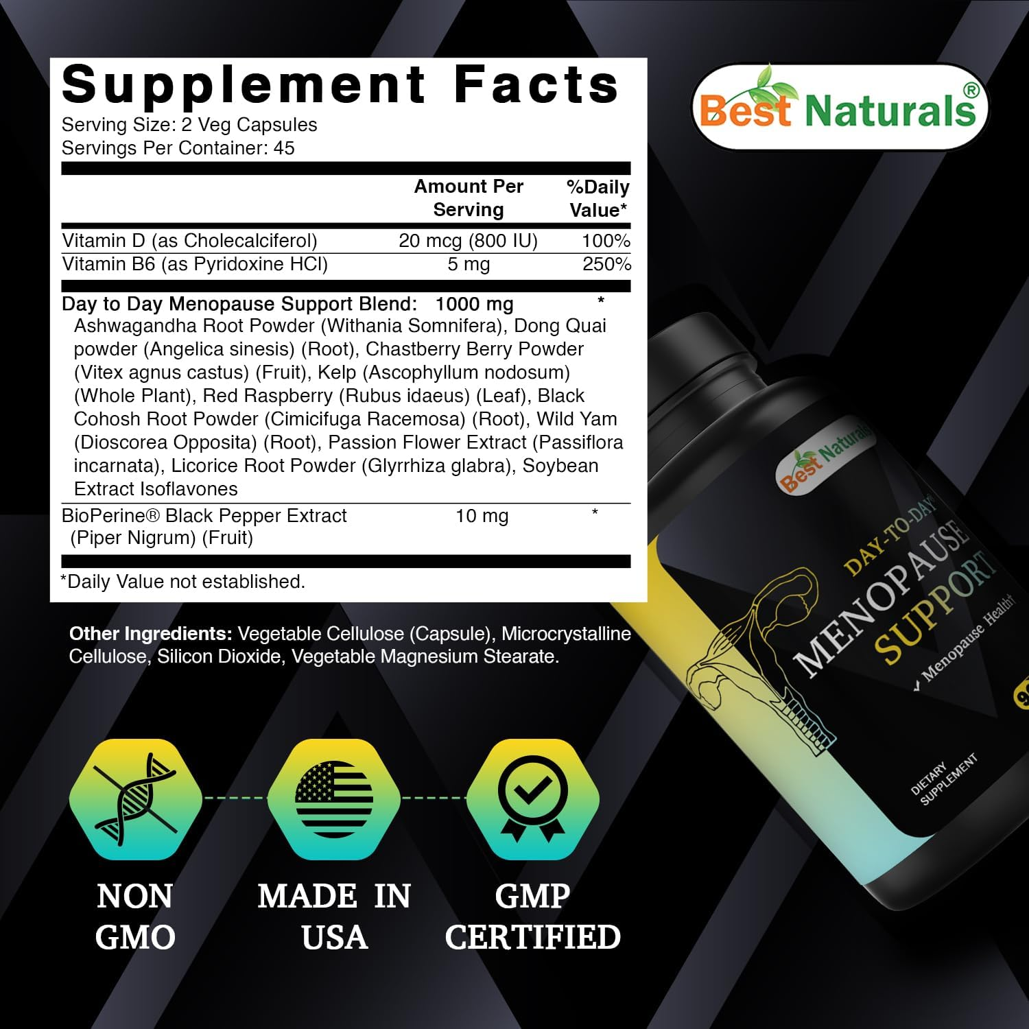 Best Naturals Day-To-Day Menopause Supplements for Women with Ashwagandha, Dong Quai, Chastberry, Kelp, Red Raspberry, Black Cohosh & Bioperine 90 Veg Capsules image number 2