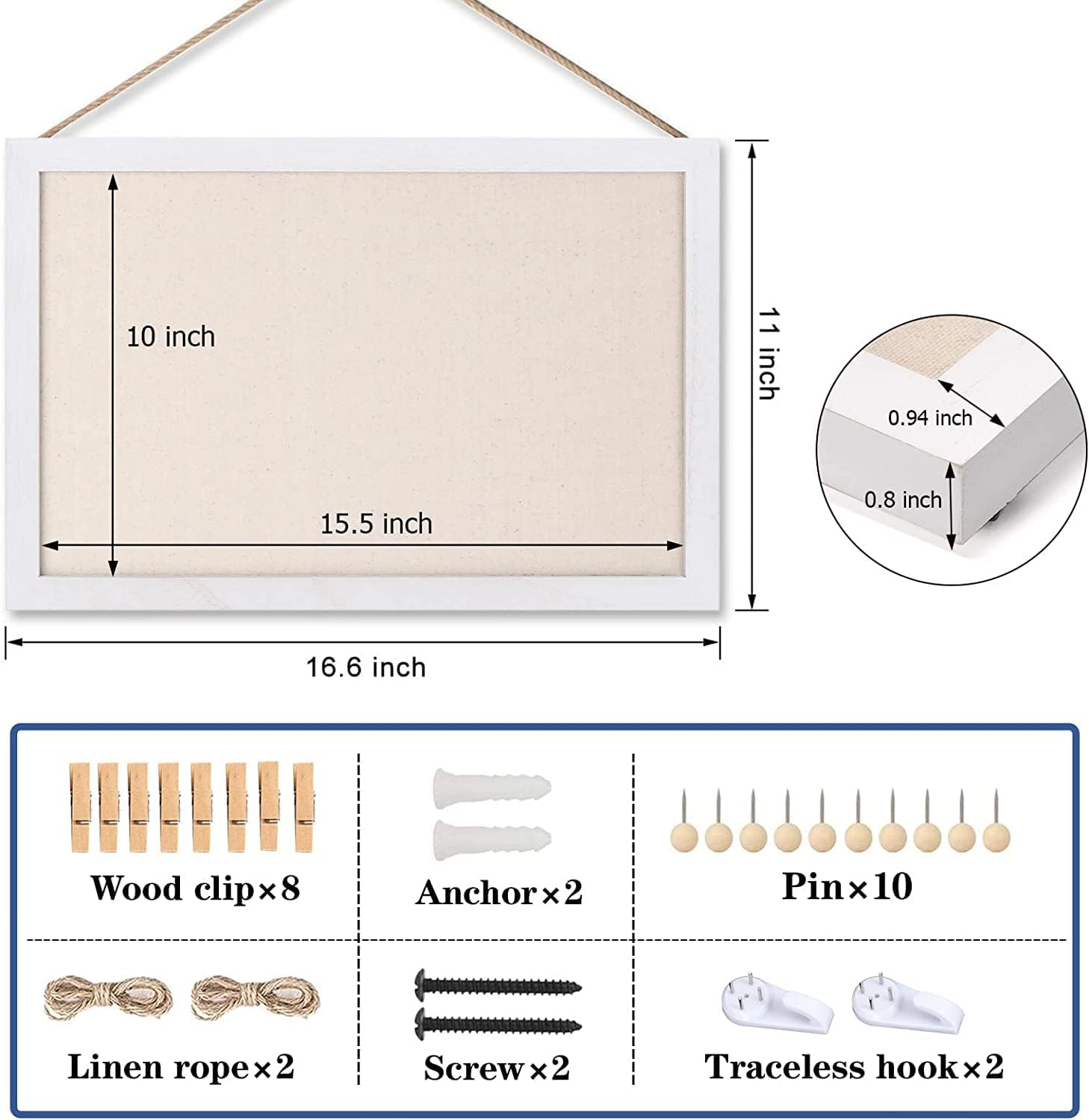 Cork Board Bulletin Board, 16 "X11 White Linen Cork Boards for Walls with White Frame, Pin Board Vision Board for Home Kitchen School Office Decor- 2-Pack (White+Wooden Clip) image number 2