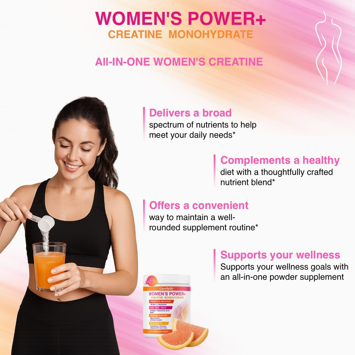 Glowbelly Power+ Women&rsquo;S Wellness Blend | Creatine Monohydrate, Collagen, Bcaas, L-Glutamine, Myo-Inositol, D-Chiro Inositol, Maca, Hyaluronic Acid, Zinc, Biotin, Vitamin D3, Prebiotics & Probiotics | 30 Serves image number 1