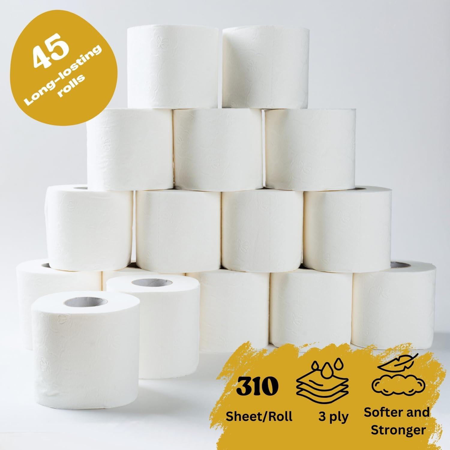 Toilet Paper 3-PLY (45 Rolls X 310 Sheets) Tissues Four Scents Lemon, Lavender, Aloe Vera & Unscented, Soft, Septic-Safe, 13,950 Sheets Ideal for Home, Office & Hotel (Lemon Scent) image number 4