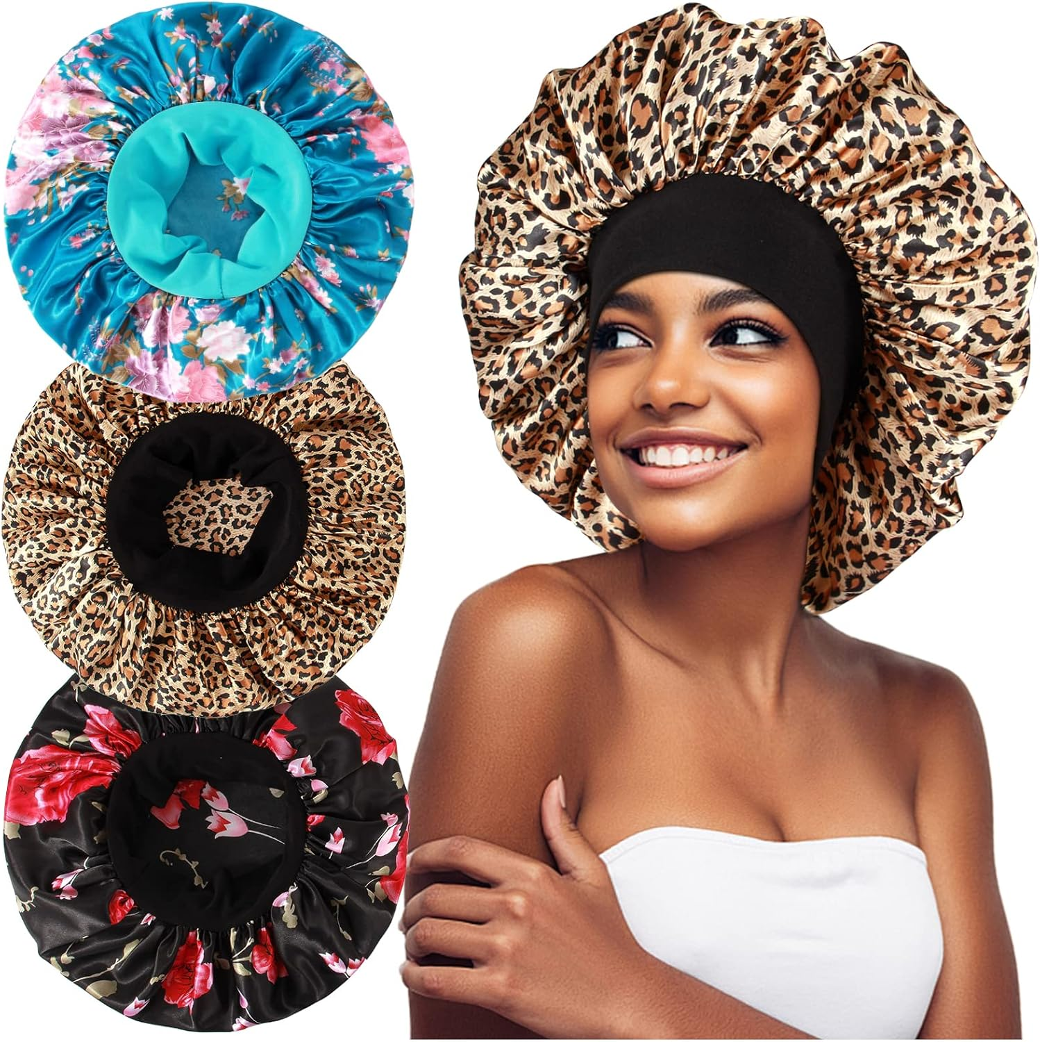 3PCS Extra Large Satin Bonnets for Sleeping, Hair Bonnets for Black Women Braids Curly Hair