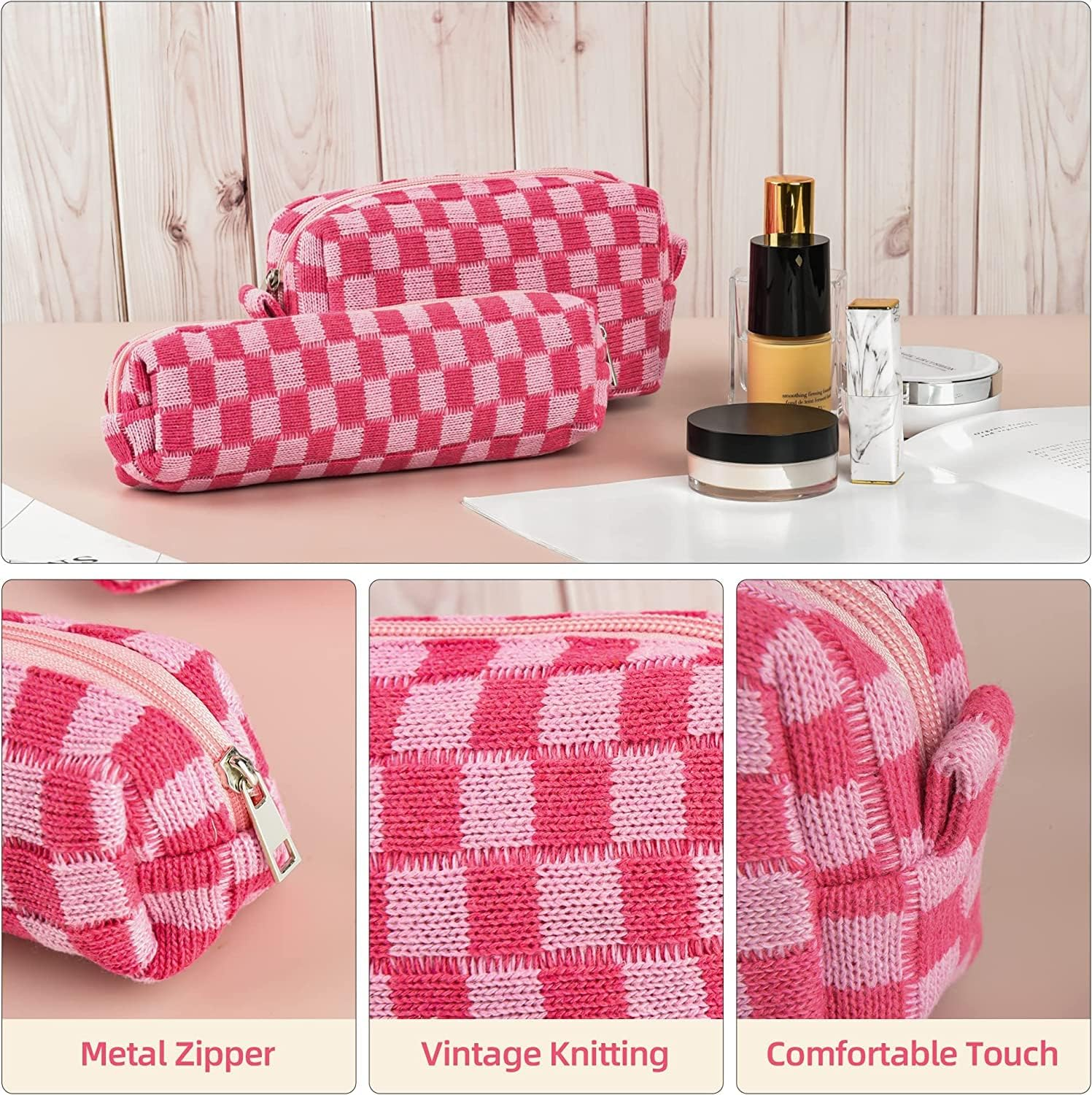 2Pcs Checkered Makeup Bag Knitted Cosmetic Bag,Large Capacity Makeup Bag and 1Pc Pencil Case Makeup Brush Storage Bag Knitted Toiletry Bag,Knitted Pencil Pen Case Storage Bag Large Knitted Purse,Pink image number 4
