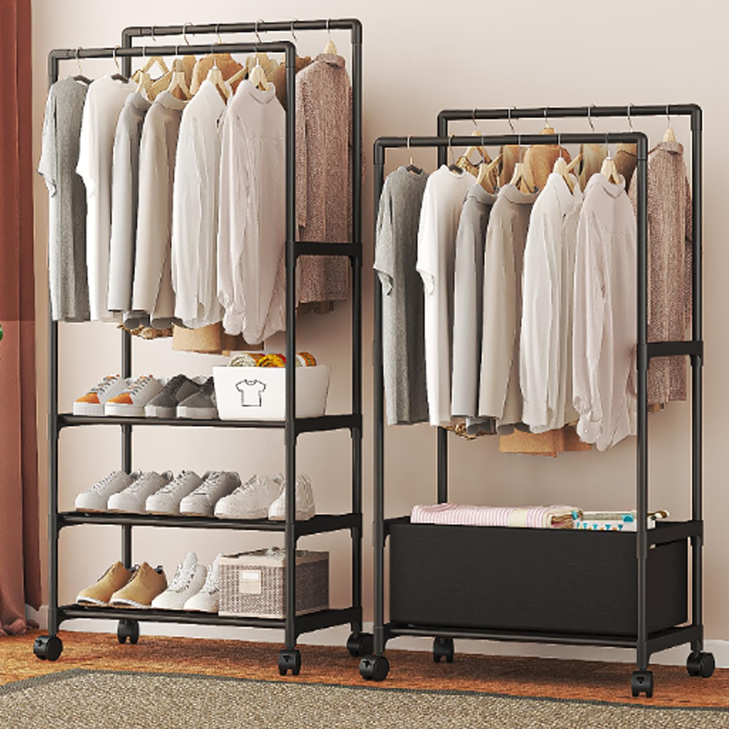 Double-Rail Clothes Hanger Stand, Storage Shelf Stand with Clothes Rail and Rolling Coat Rack,Clothing Garment Rack with Bottom Shelf, Drying Rack, Household Space Saving Storage Organizer for Bedroom image number 5