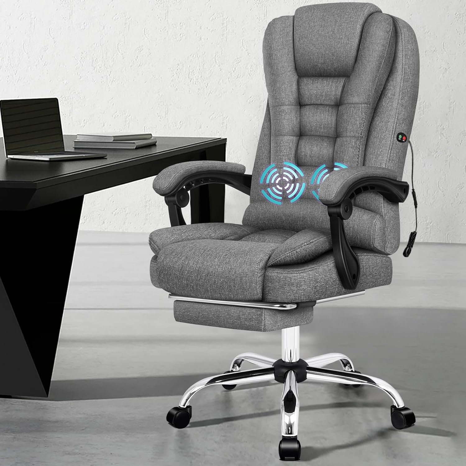 ALFORDSON Office Chair with 2-Point Massage, Ergonomic Computer Chair with Footrest Executive Fabric Home Desk Chair High Back Recliner Chair, Fabric Grey
