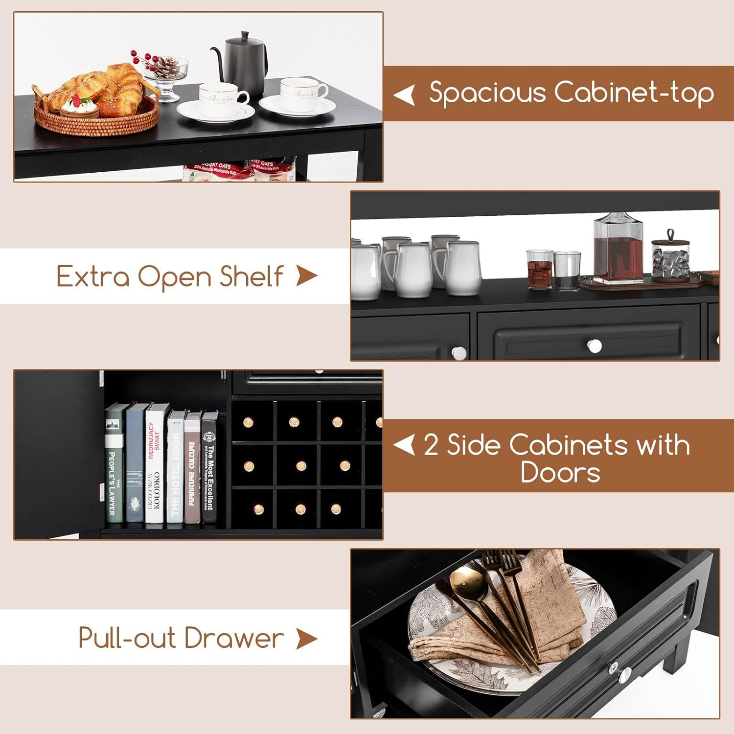 Costway Buffet Sideboard, Wine Liquor Coffee Bar Cabinet W/Removable Wine Rack, Floor Pantry Cupboard W/ 2 Doors & Drawer, Multipurpose Storage Cabinet TV Stand for Kitchen, Dining Room (Black) - White image number 2