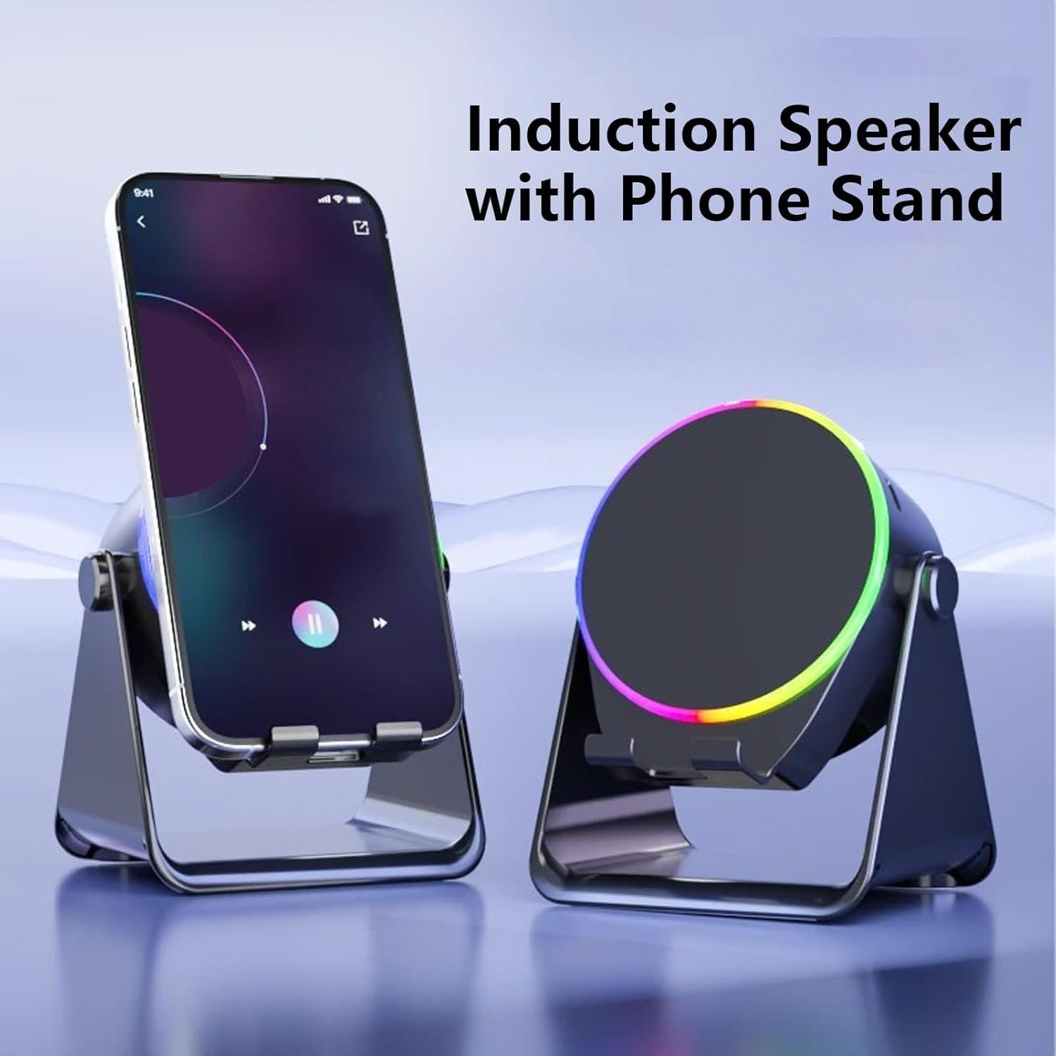 Jectse Wireless Induction Speaker, 5-In-1 Bluetooth Speaker with Phone Stand, Stereo Sound, RGB Ambient Light, 360&deg; Adjustable Base, 2000Mah Rechargeable, Men/Women (Black) image number 3