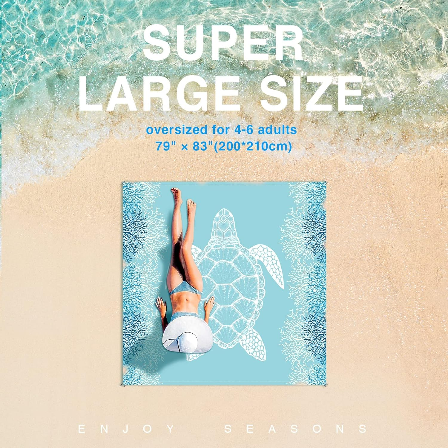 Beach Blanket Sandproof Large Beach Mat 4-6 Adults Oversized Lightweight Sand Free Beach Mat Waterproof Beach Blanket Portable Camping Blankets for Travel, Camping, Hiking (Sky Blue, 200 * 200Cm) image number 5