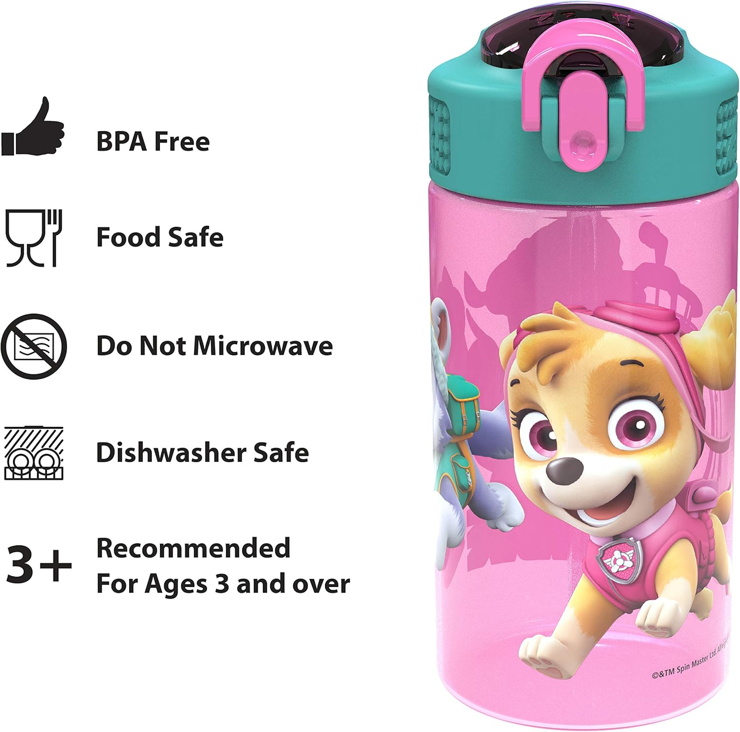 Zak Designs Kids Durable Plastic Spout Cover and Built-In Carrying Loop, Leak-Proof Water Design for Travel, (16Oz, 2Pc Set), Paw Patrol Skye Bottle 2Pk image number 2