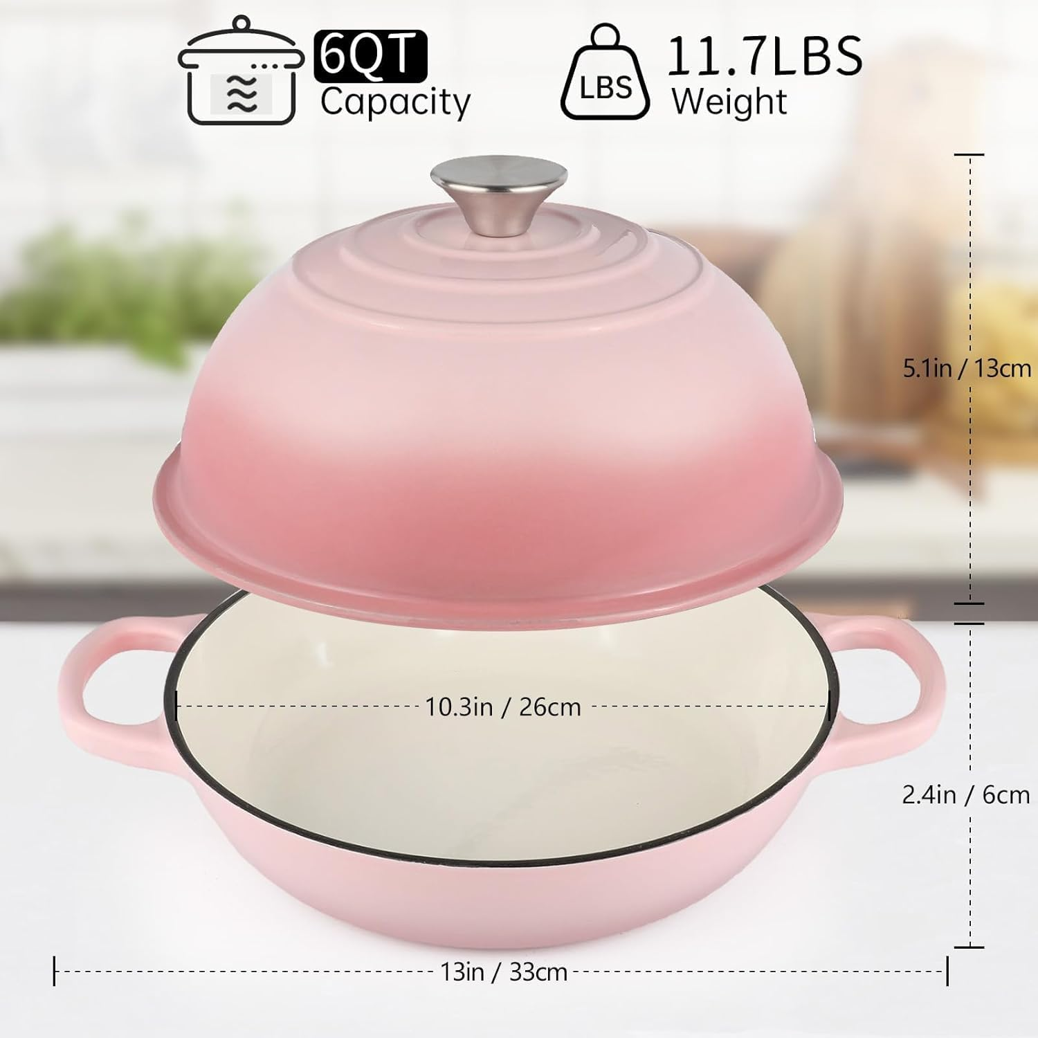 Enameled Cast Iron Bread Oven, 26Cm Bread Dutch Oven for Sourdough Bread Baking, 6 Quarts Bread Pan with Dome Lid, Non-Stick Cookware for Homemade Bread, Pink - Red image number 6