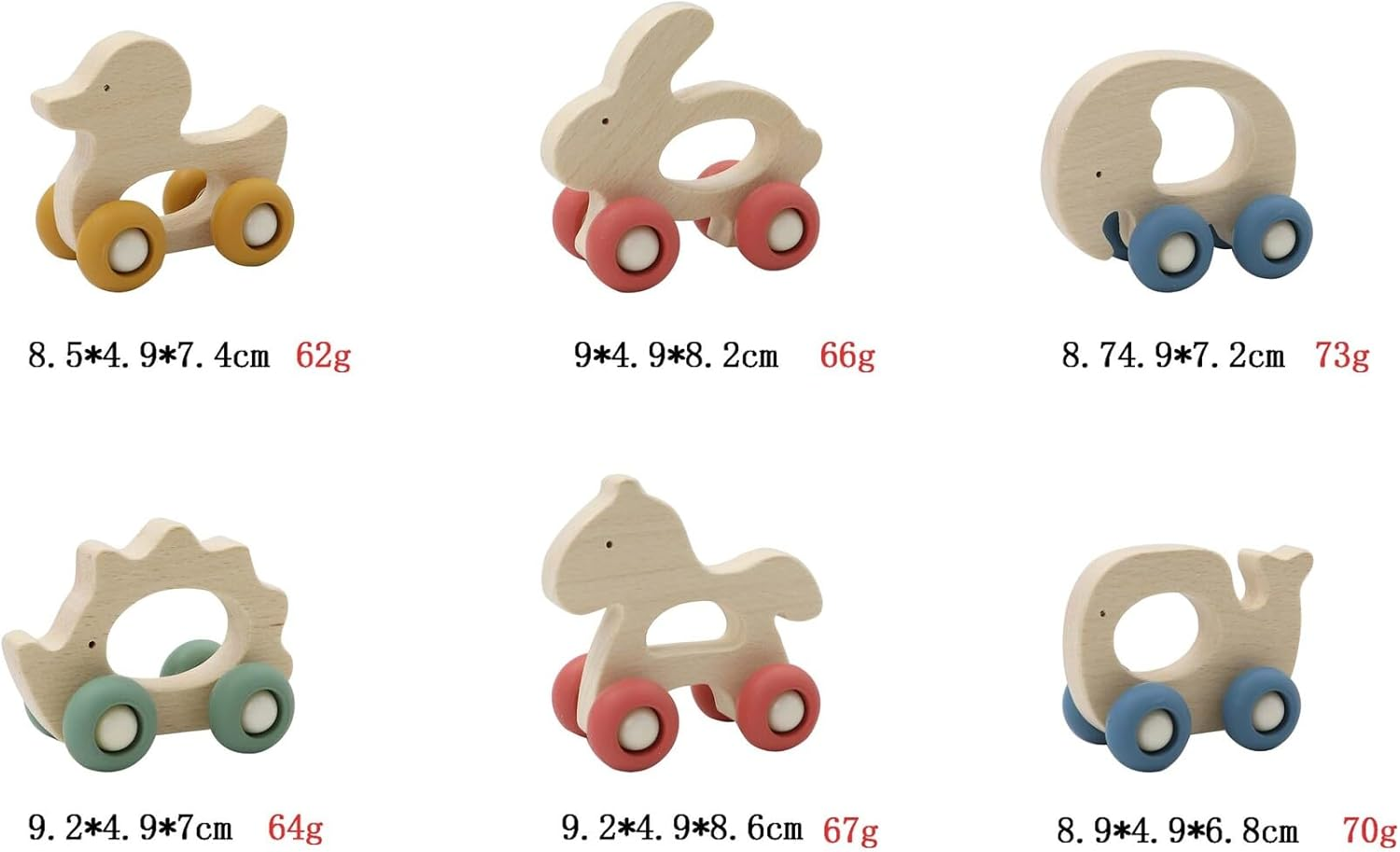 Kaper Kidz NG23811 Wooden Grip Animal with Silicone Wheels Pack of 6: Rolling Wooden Toys for Babies and Toddlers for Ages 18 Months+ image number 1