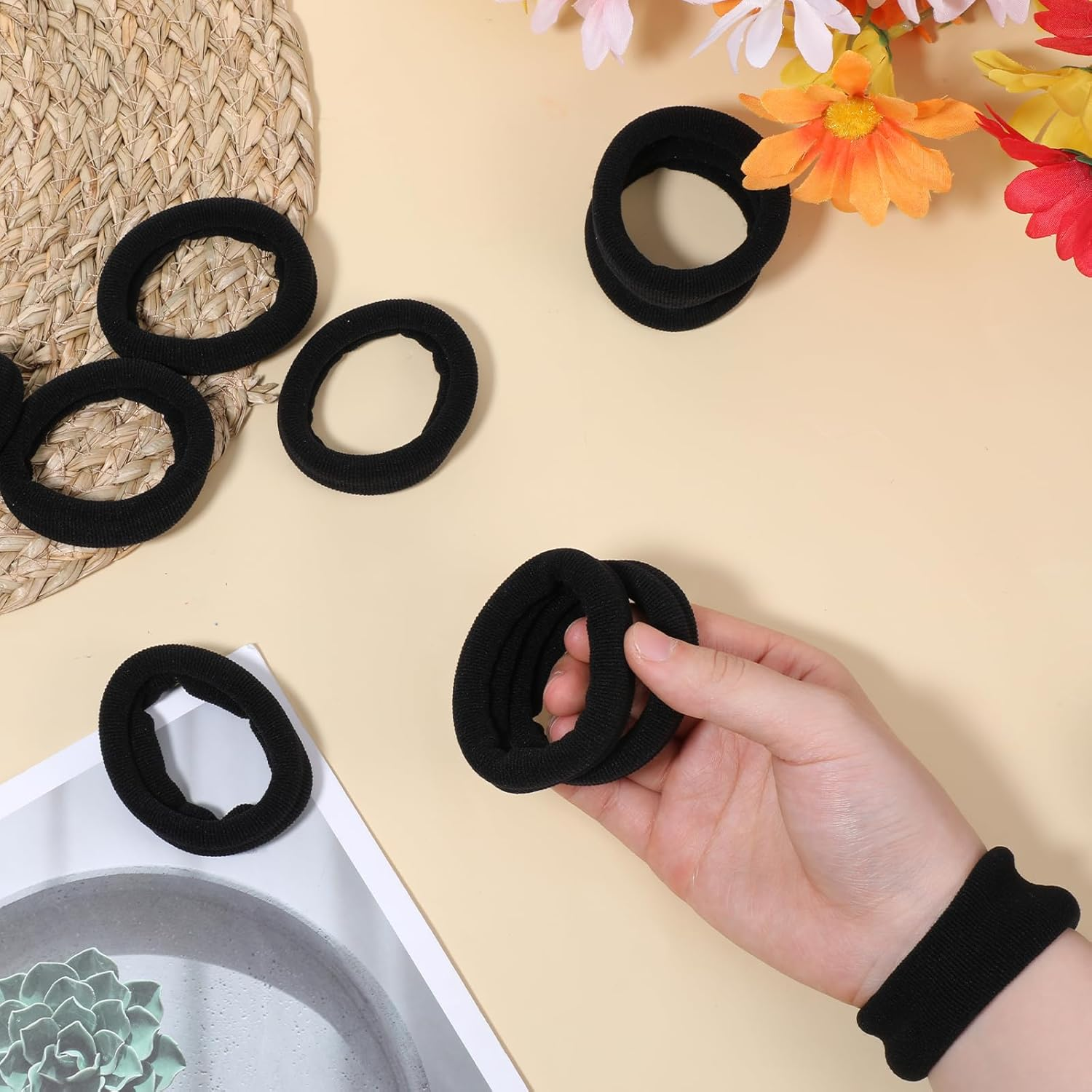 Pack of 10 Large Hair Bobbles Elastic Hair Bobbles Black Seamless Ponytail Band Rope Cotton Hair Scrunchie for Thick Heavy Curly Hair or Hair image number 6
