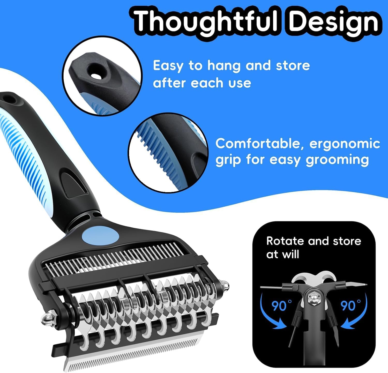 Dog Grooming Brush,3-In-1 Pet Deshedding Tool&ndash;Grooming Brush for Dogs & Cats with Undercoat Rake & Dematting Comb (Blue) image number 3