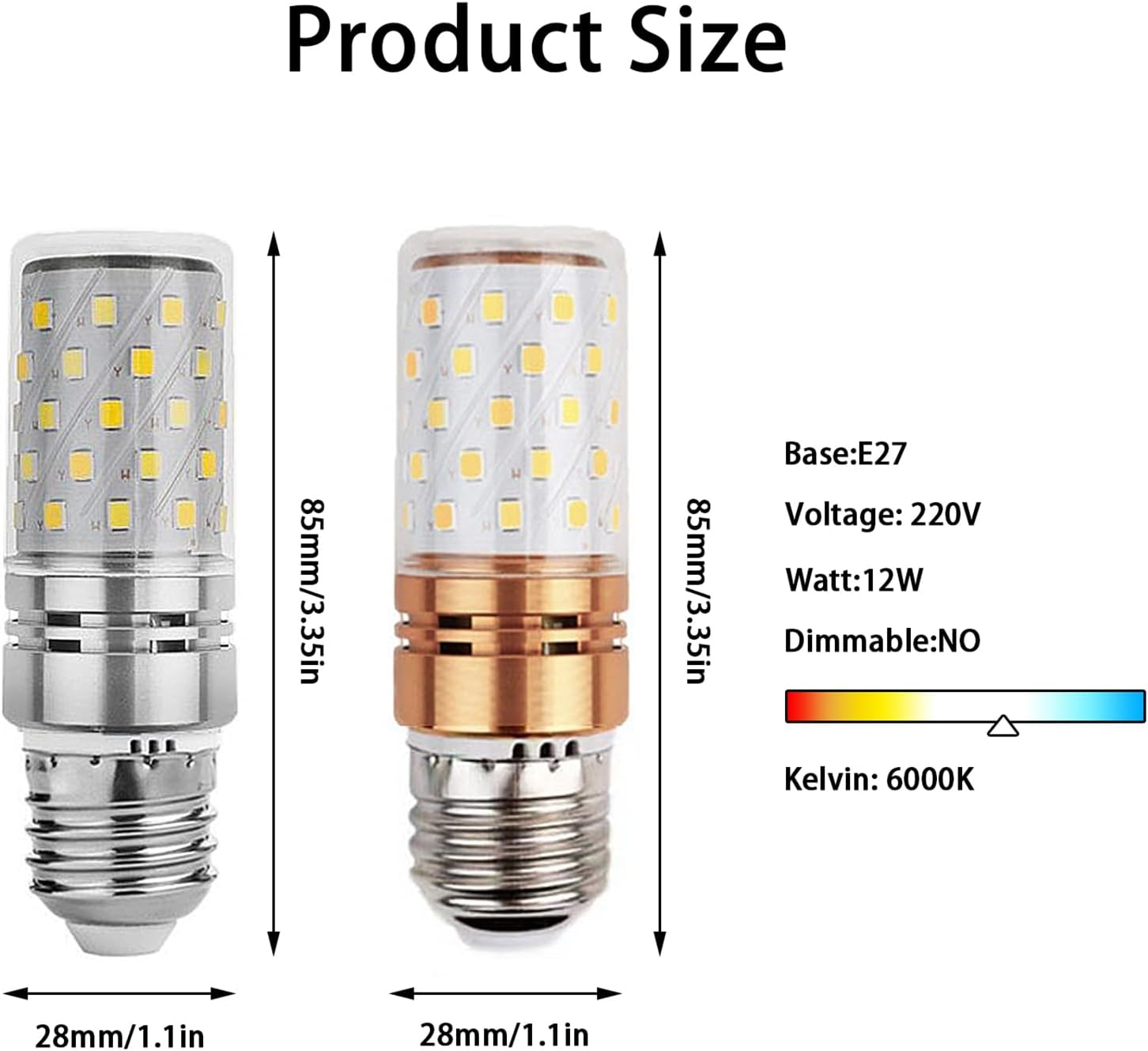 2Pcs E27Led Corn Bulb, Energy-Saving Led Light Bulb,E27 Edison Screw Bulb,12W Constant Current Model White Light 6000K,280&deg; Beam, Household Non-Dimmable，No Flash [Silver,Gold] image number 1
