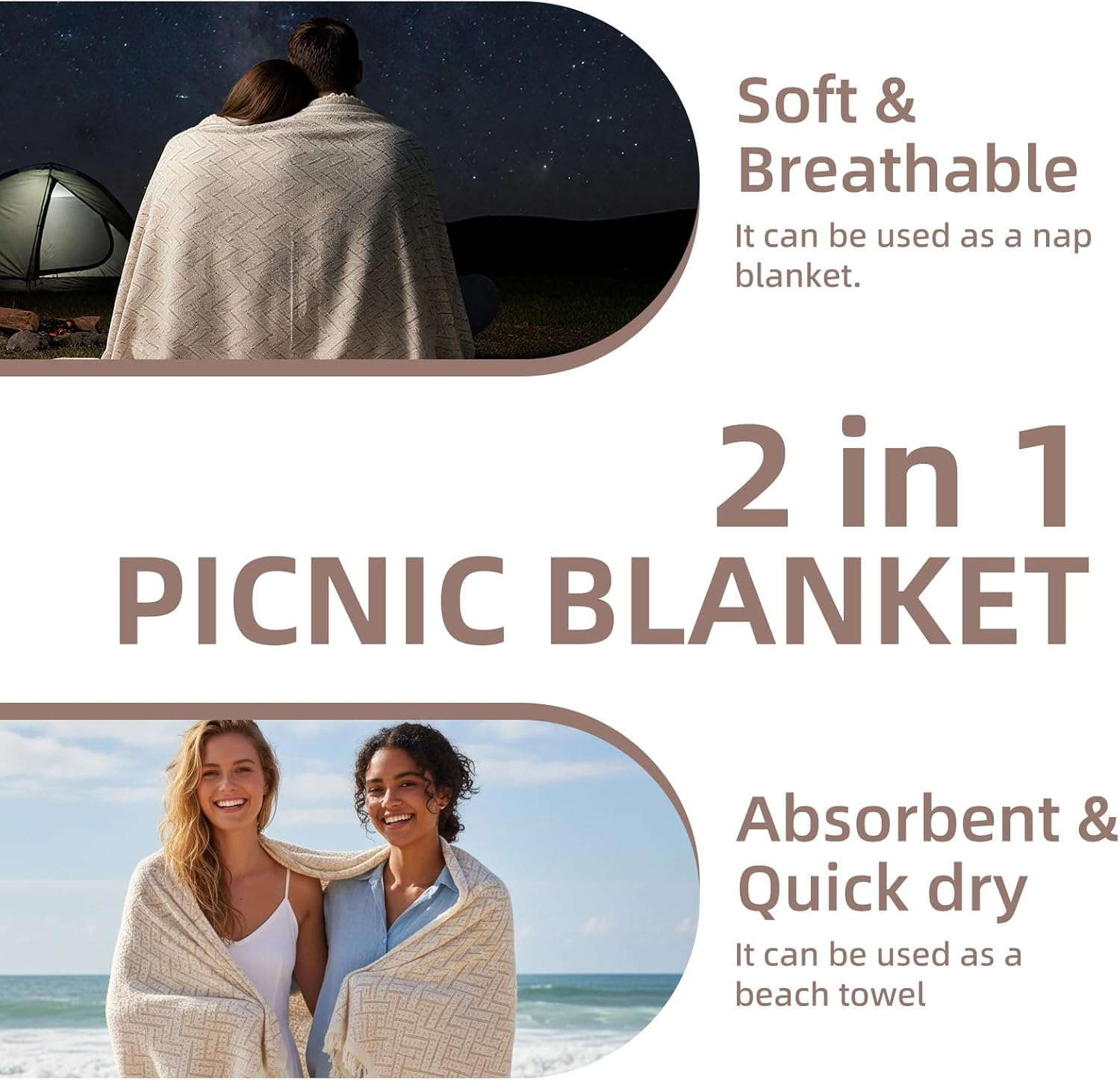 2 in 1 Extra Large Outdoor Picnic Blanket, Waterproof & Foldable Picnic Beach Mat - Woven Boho, Travel Essential Yoga Accessories Outdoor Blanket for Park Patio Lawn Garden Grass Ground Music Festival image number 6