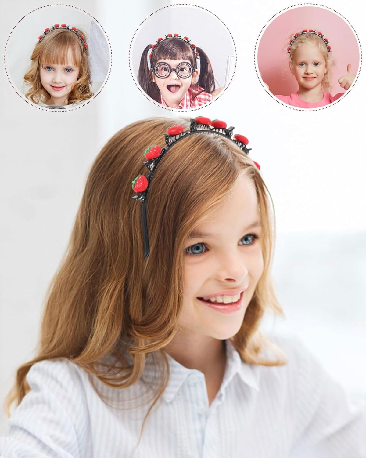 FUGLUS 2 X Fashion Headbands for Women, Braided Headbands with Clips, Hair Twister Headband for Double Bangs Hairstyles, for Women and Girls, Strawberry/Heart image number 3