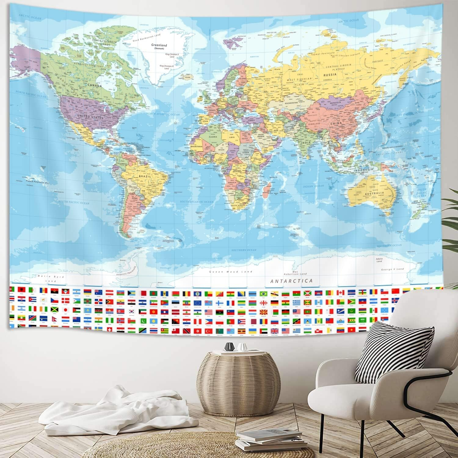 World Map Tapestry Wall Hanging, Map of the World with National Educational Wall Tapestries Room Decor, Boys Girls Kids Map Wall Tapestry for Bedroom Living Room Office Classroom (80X60")