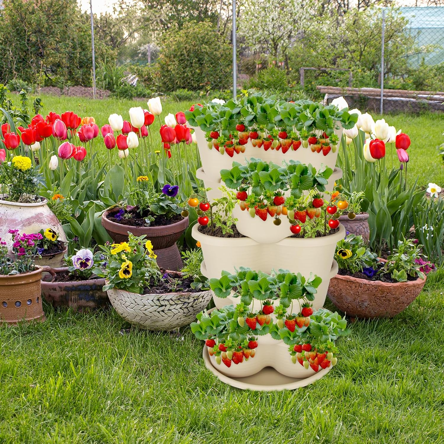 Rootrimmer 5 Tier Tower Stackable Planter, Strawberry Planter, Vertical Gardening Indoor/Outdoor Planters, Herb Planter for Growing Flowers, Vegetables and Succulents (Off-White) image number 6