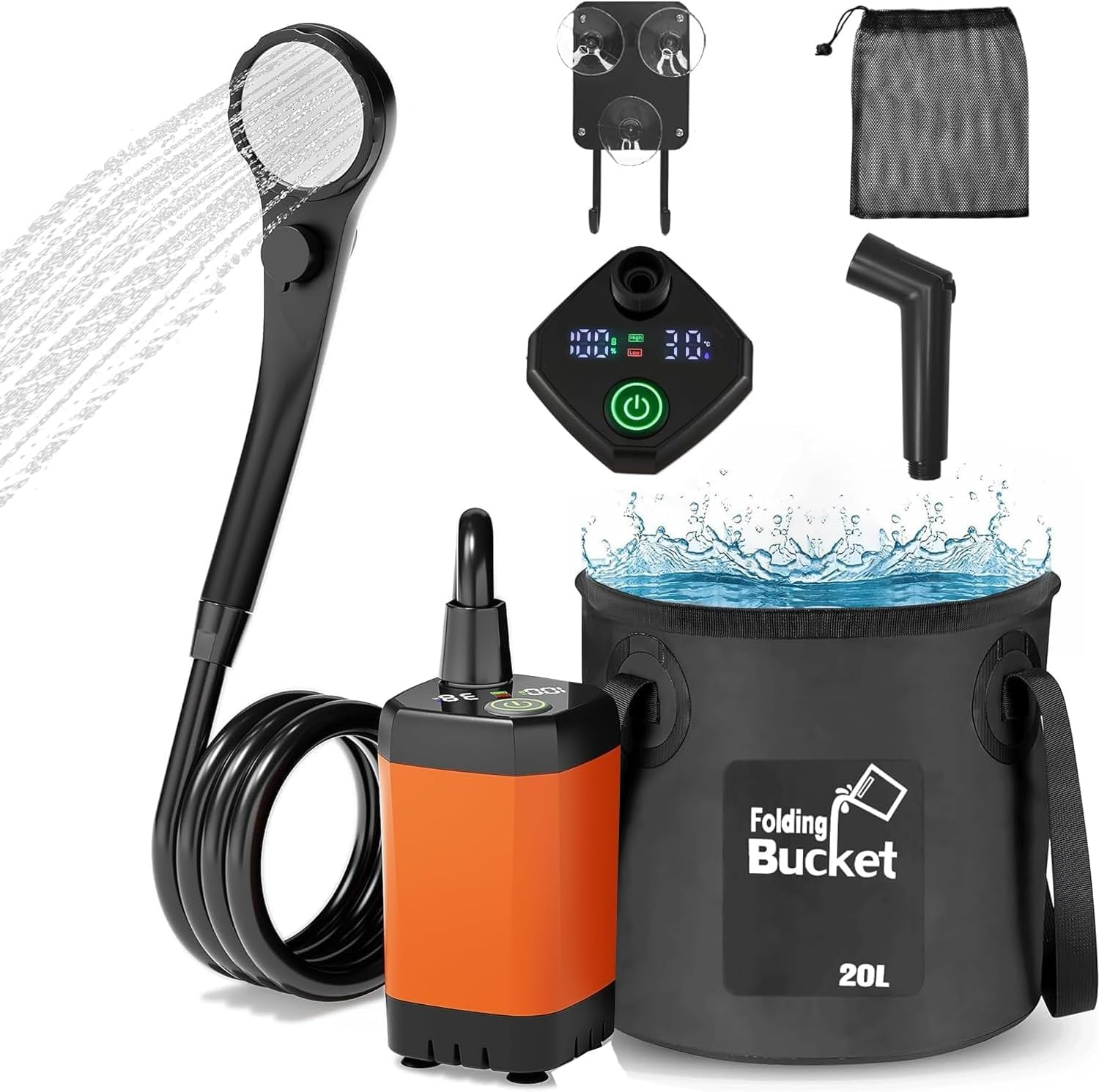 Homodoskey Portable Camping Shower, Upgrade 6000Mah Rechargeable Electric Shower Pump & 20L Collapsible Bucket, LED Display, Multiple Spray Modes, Portable Shower for Outdoor Camping Hiking image number 3