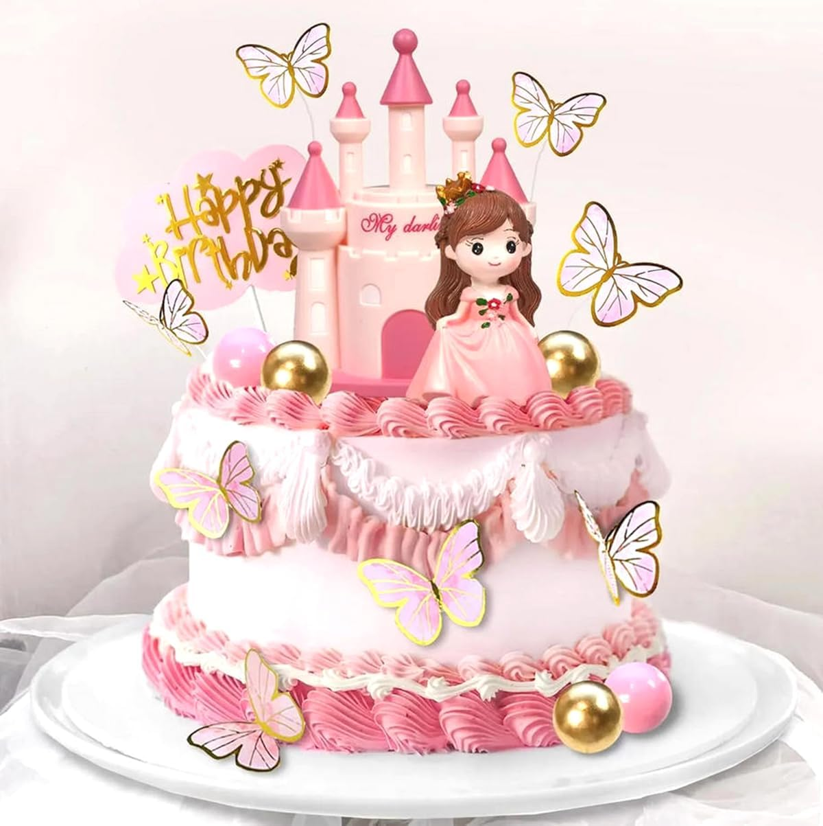 18 PCS Pink Princess Cake Topper Castle Cake Decoration with Butterflies and Balls for Girl Kid Happy Birthday Party Decorations Princess Baby Shower Supplies image number 1