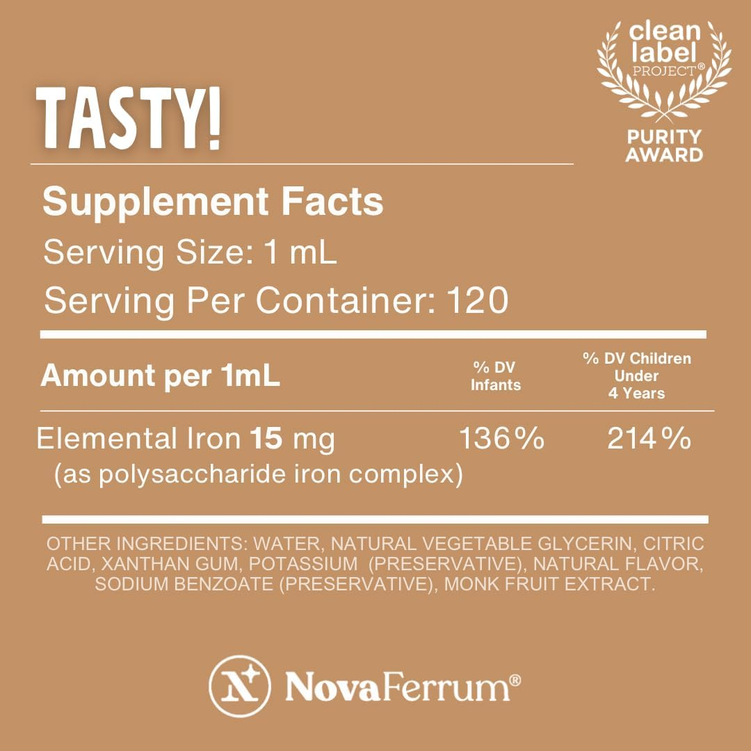 Novaferrum Tasty | Pediatric Drops Liquid Iron Supplement for Infants, Toddlers & Kids | 15Mg of Iron per 1Ml Dose | Ages 4 & under | Gluten Free | Sugar Free | Chocolate Flavored | 120 Servings image number 1