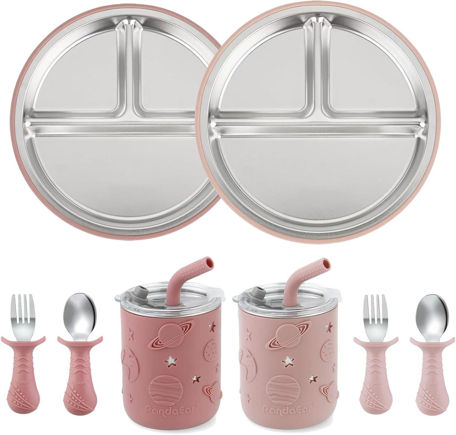Pandaear Stainless Steel Baby Feeding Set | 2 Divided Suction Plates, 2 Spill-Proof Straw Cups with Silicone Sleeves, 2 Forks & 2 Spoons | Toddler Utensils for Baby Led Weaning, Bpa-Free image number 3