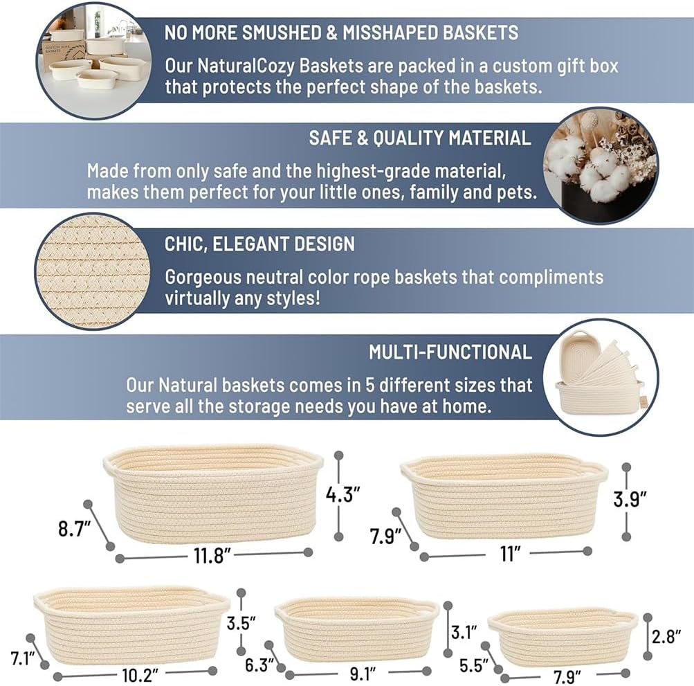 5Pcs Rectangle Storage Basket, Natural Cotton Rope Woven Baskets, Decorative Bins Woven Storage Basketry with Handle for Organizing Clothes Toy Pet Household Use Items
