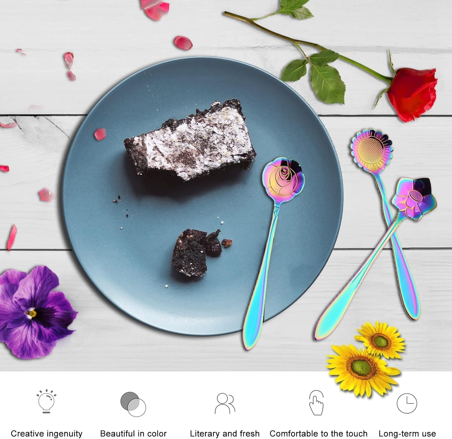 Niceeshop Stainless Steel Flower Spoon Set - Colorful Coffee and Tea Mixing Spoons - Rainbow Sugar Spoon Set of 8 image number 1