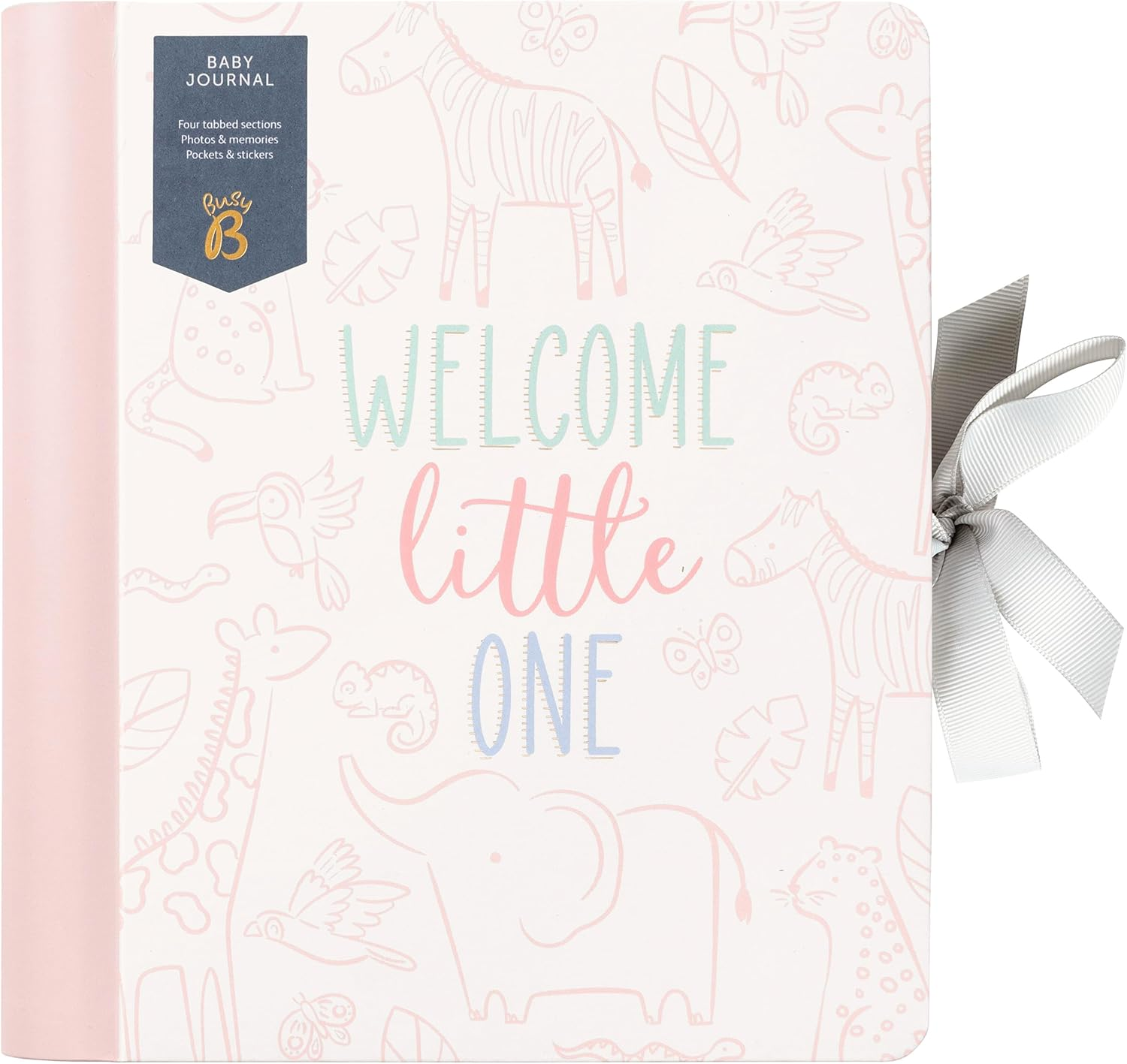 Busy B Pink Baby Journal - Spiral-Bound with Ribbon Closure and Four Tabbed Scetions for Photos. Milestones and Memories, Four Handy Pockets for Storing Keepsakes and Stickers - FSC&reg; Certified