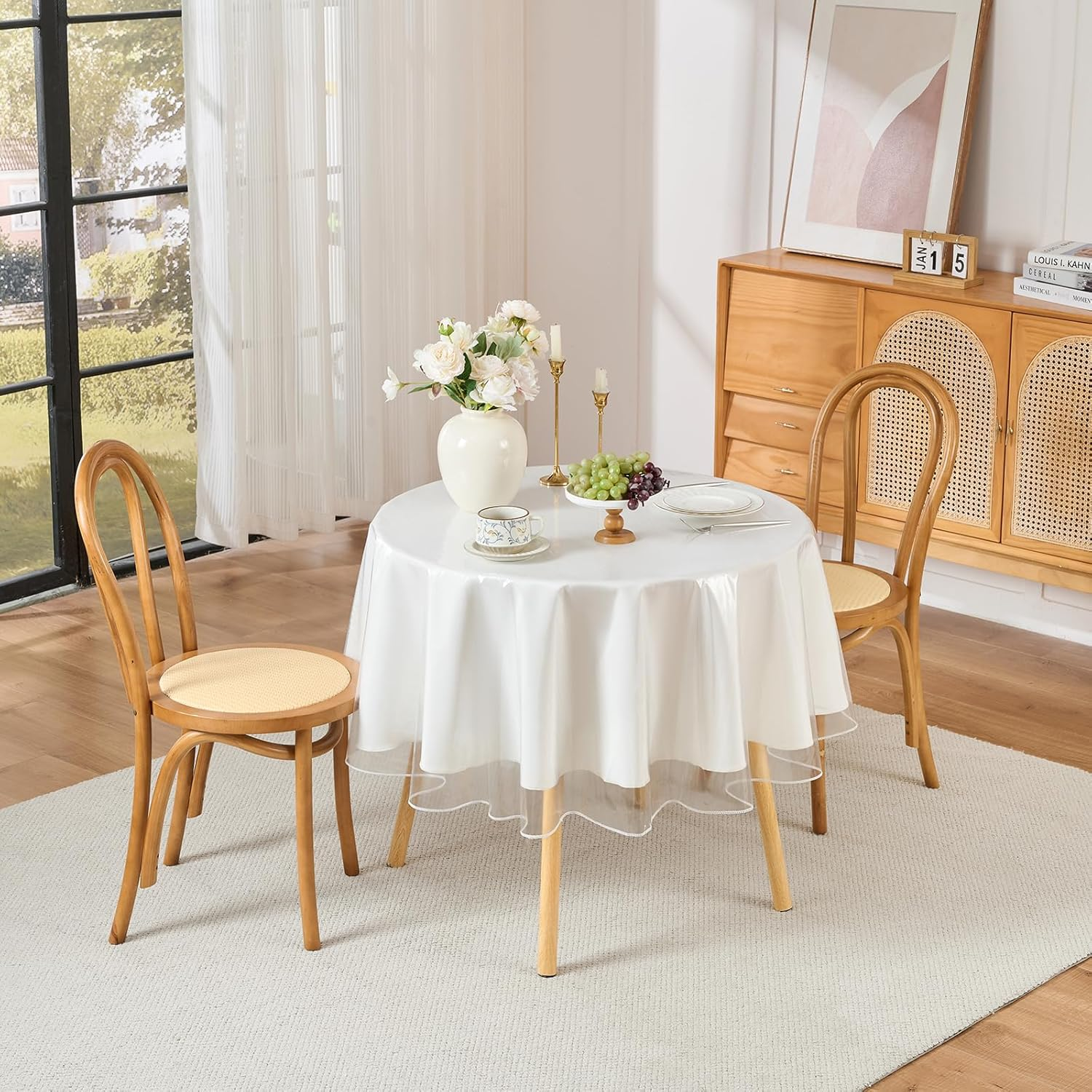 Clear Plastic Tablecloth Rectangle Vinyl PVC Table Cloth 100% Waterproof Oilproof Transparent Stain Resistant Table Cover Protector for Dinning Indoor and Outdoor Uses, 48 Inch Round image number 6