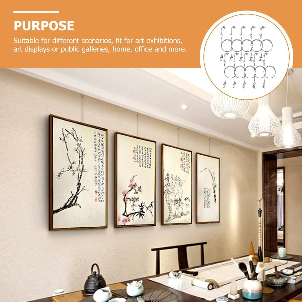 VILLFUL 10Sets Picture Hanging Wire Hooks Kit Picture Rail Hanging System with Cable Hooks for Wall Art Display and Photo Framing image number 5