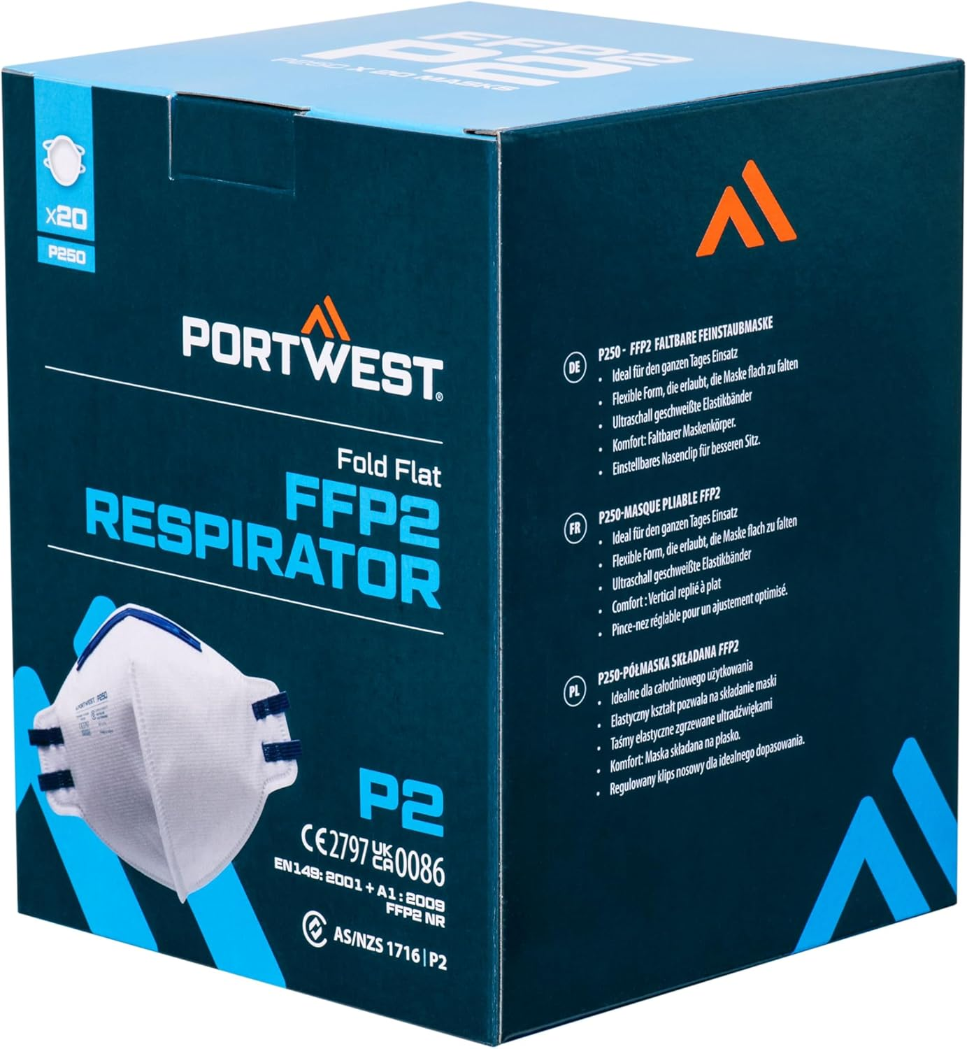 Portwest P250 Disposable FFP2 Fold Flat Respirator Face Mask (Pack of 20) White image number 3